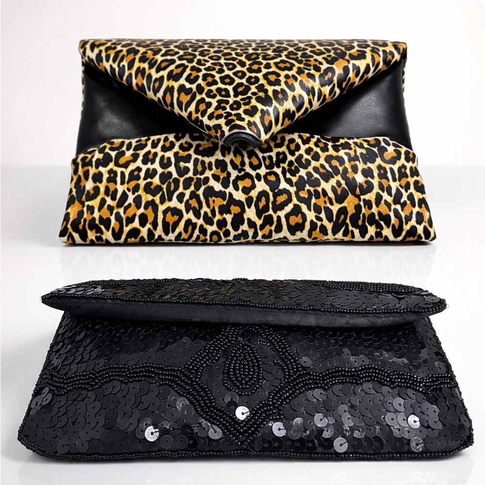 NWOT Le Chateau Black Sequin Clutch + Leopard Print Envelope Clutch Bundle Bags